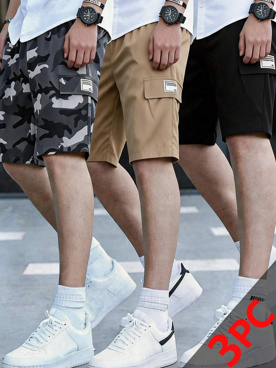 SHEIN 3件組青少年男孩寬鬆休閒迷彩、黑色、卡其色短褲，百搭運動休閒穿搭，適合春夏季，Y2K風格，通勤、上學、家庭聚會、外出、運動 - 彩色 - 查看 1