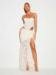 KIZN Strapless Lace Corset Crop Top With Boning Panels And Back Zipper Closure Floral Occasion - Apricot - View 6