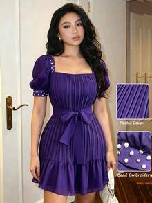Modelyn Purple Square Neck Pearl Decor Lace-Up Waist Puff Short Sleeve Pleated Textured Fabric Women's Short Dress Dinner Date Deep Purple Summer Elegant - Purple - View 8