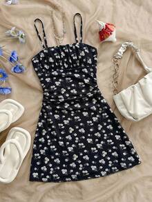 SHEIN Pink Floral,Summer,Cute,Vacation,Holiday Tween Girl Floral Print Ruffle Casual Cami Dress Surprise Box [Random 6 Piece,Send 1 Piece] For Picnic,Street - Multicolor - View 4