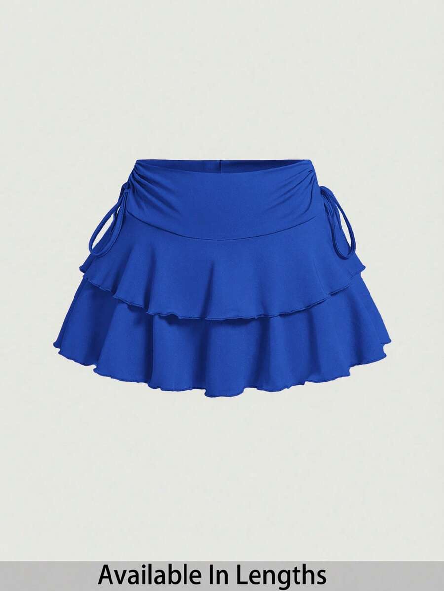 SHEIN PETITE CURVE Drawstring And Fold Detail Solid Color Cake Skirt - Blue - View 1