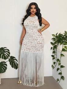 Maweii Plus Size Sexy Sexy Fitted Tassel Ribbon Women's Dress - White - View 1