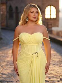 Glamrae Elegant Yellow High-Stretch Mesh Off-Shoulder Rope Asymmetrical Split Metal Decor Fish Tail Summer Formal Evening Heavy-Work Evening Gown For All - Yellow - View 1