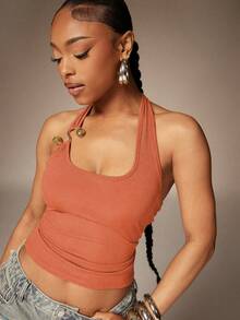 Denimoi Women's Asymmetric Metal Decor Halter Top Vacation Burnt Orange Summer Sexy Y2k - Coral Orange - View 3