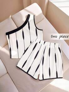 SHEIN Franclia Women's Striped Sleeveless One-Shoulder Top And Shorts Set, Suitable For Daily Wear And Beach Vacation - White - View 2