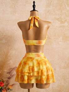 Bellisia 26SS Spring/Summer Vacation Romantic Yellow Orange Floral Print Swimsuit Set With Skirt 3 Pieces Set - Yellow - View 2