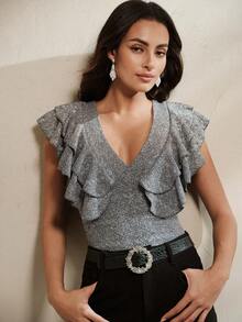 Anewsta Spring/Summer Vibe Sexy Date Party Shiny Knit Fabric V-Neck Ruffle Trim Fitted Silver Gray Women's Short Sleeve Top - Grey - View 5