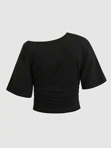 SHEIN Tween女孩/女孩夏季新款時尚優雅純色休閒百搭抓皺腰褶皺T恤，適合日常、校園、海灘、度假與居家穿著（白色） - 黑色 - 查看 2