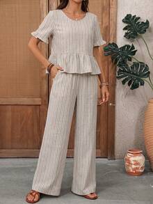 EMERY ROSE Regular Round Neck Casual Striped Versatile Women's 2 Pieces Set - Khaki - View 8