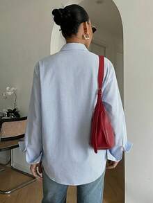 DAZY 春夏秋女款領結長袖藍白直條紋純棉布料收口袖口寬鬆休閒時尚襯衫 - 藍色 - 查看 2