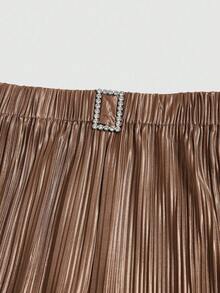 Elenzga Pantalon large plissé pour femmes, taille élastique, bouton strass, affinant, pantalon d'été élégant et décontracté - Tabac - Voir 5
