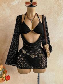 Soleia Women's 3-Piece Sexy Bikini Swimsuit With Coffee Color Mesh Cover-Up Skirt, Fashionable Sexy Swimwear Bathing Suits For Women - Black - View 1