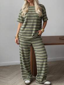 SHEIN EZwear Bộ đồ nữ dệt kim kẻ sọc, kiểu dáng thường ngày, 2 món. - Nhiều màu - Xem 9
