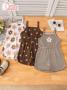 3pcs/Set Girls 4-7 Years Old Summer Casual Strappy Romper, Fashionable Vintage Floral Print & Striped Sleeveless Jumpsuit, Soft Comfortable Slightly Stretchy Fabric, Cute Bohemian Earth Tone Outfit For Beach Vacation, Park And Daily Wear - Multicolor - View 5