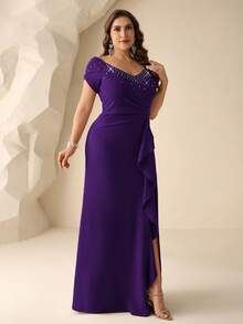Coutiva Plus Size Solid Color Rhinestone Decorated V-Neck Short Sleeve Mother Of The Bride Dress - Purple - View 6