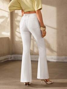 Selenza Celana Jeans Wanita Model Flare Kasual dengan Hiasan Rhinestone dan Kantong, Cocok untuk Pesta Malam di Klub, Warna Putih, dan Musim Panas. - Putih - View 3