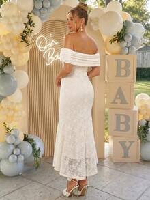 Loomaby Maternity Off-Shoulder Pleated Jacquard Elegant Dress,Gender Reveal Dress,Maternity Dress,Baby Shower Dress - Apricot - View 2