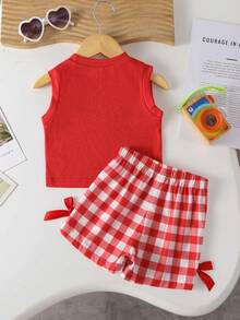 SHEIN Playful Pals BABY GIRL Summer Blue Set Textured Sleeveless Top Blue Plaid Shorts Decorated With Blue Bows Daily Outing Essential - Red and White - View 2