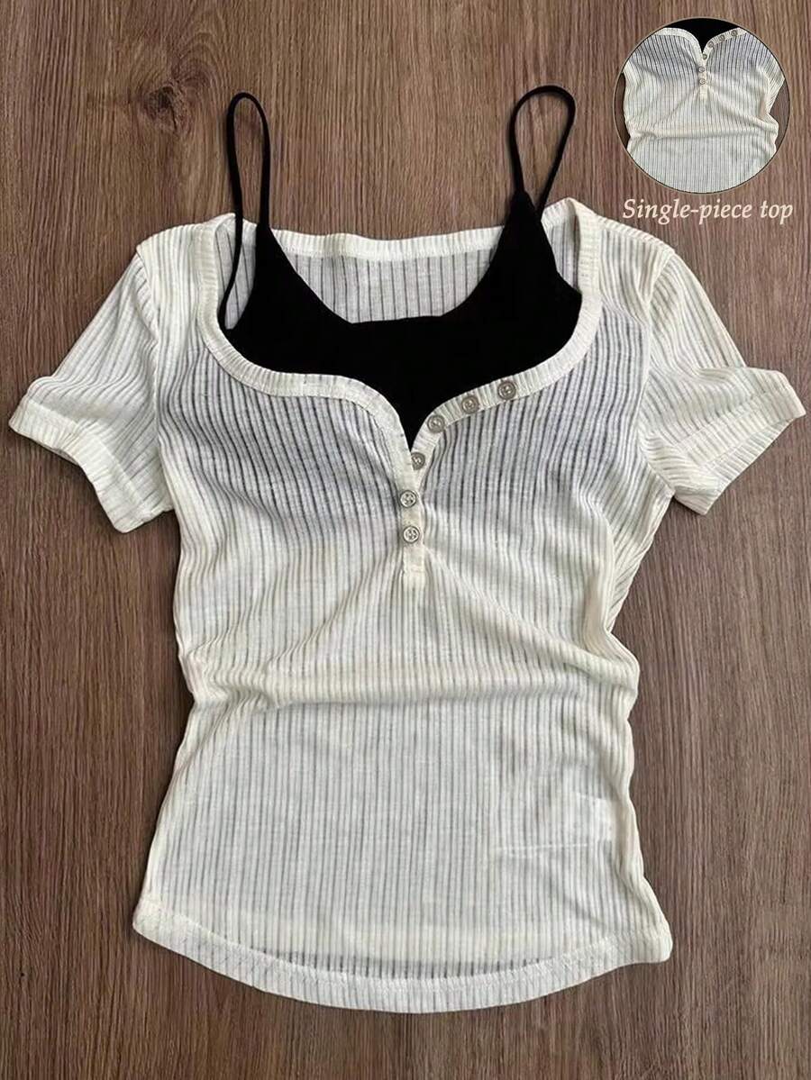 Franclia Women's Casual Button Design Short Sleeve Top,Solid Color Everyday White And Black Summer Tops For Ladies - White - View 1