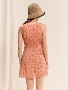 lacRébo Orange Floral Sleeveless Mini Dress With Lace-Trim, V Neckline, Underbust Seam And A-Line Shape Summer Vacation Dress - Pink - View 2