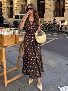Siren Gaze 奢華優雅棉質米色船領百褶 A 字中長洋裝 夏季度假休閒風 - 巧克力棕 - 查看 7