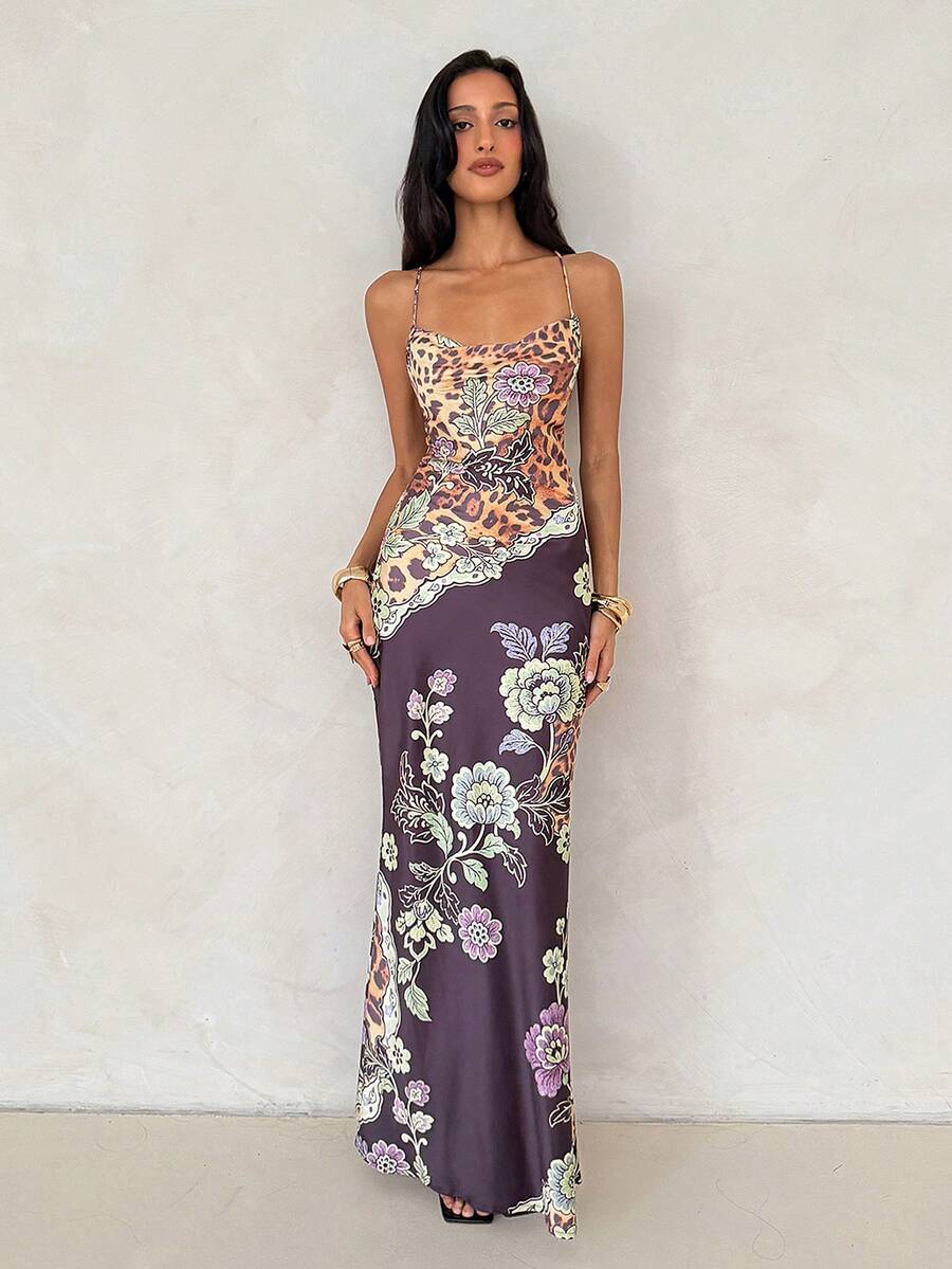Aloruh Đầm satin in họa tiết phong cách Trung Quốc hở lưng dây buộc sexy cho nữ Y2K - Nhiều màu - Xem 1
