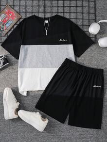 SHEIN 兒童青少年男童2件組拼接對比色字母印花短袖T恤短褲套裝，休閒、上學、旅行、運動、日常、度假，柔軟舒適 - 彩色 - 查看 6