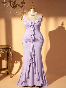 DreamSkyne Elegantes gestricktes Bodycon-Kleid in Taro-Lila Große Größen für Damen mit Rüschen vorne und hinten sowie plissierter, taillierter Taille - Lila - Übersicht 3