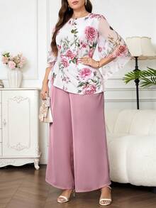 Reflora Conjunto de 2 piezas de top y pantalones con estampado floral elegante talla grande - Multicolor - Ver 1