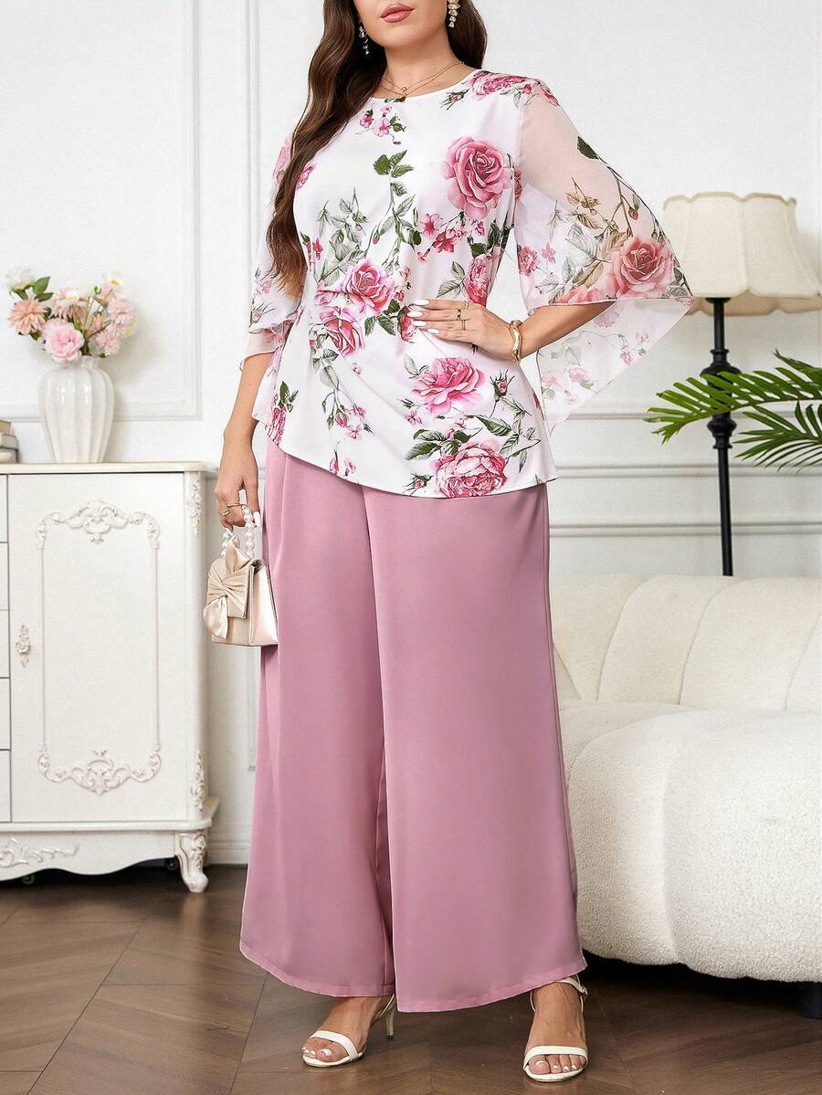 Reflora Conjunto de 2 piezas de top y pantalones con estampado floral elegante talla grande - Multicolor - Ver 1