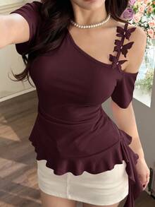 Feyla 女款素色百褶休閒百搭日常外出上衣 - 酒紅色 - 查看 3