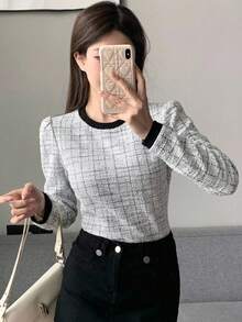 DAZY 春夏圓領黑色對比飾邊長袖修身格紋粗花呢女款T恤 - 灰色 - 查看 4