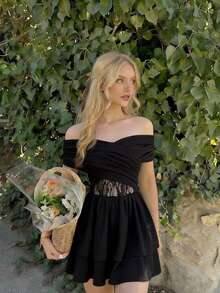SHEIN MOD Women's Elegant Lace Patchwork Off-Shoulder Summer Dress - Black - View 3