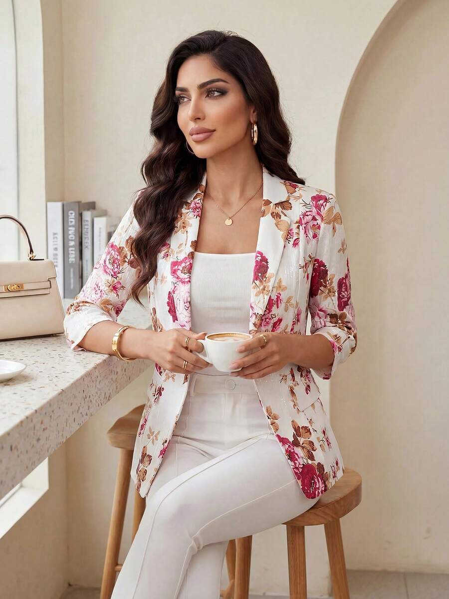 Auveirra 2025 Nouvelle veste de tailleur fine pour femmes, convenant à toutes les saisons. Manteau casual d'affaires pour femme. Blazer à imprimé floral pour l'automne/l'hiver - Multicolore - Voir 1