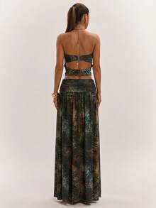 SHEIN BAE Women's Grey Leopard Print Summer Boho Tropical Sexy Holiday Beaded Halter Backless Crop Top And Low Waist Wide Leg Skirt 2 Pieces Set Vacation Beach - Multicolor - View 2