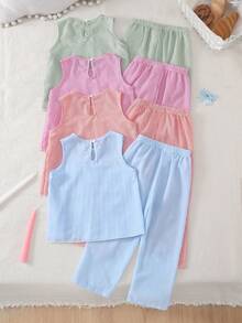 1 Set Randomly Sent Girls Toddler Multiple Colors Rose Pink Blue Green Orange Bubble Vertical Stripe Round Neck Pleated A-Line Tank Top With Bow Long Pants Set - Multicolor - View 2