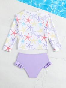 SHEIN 女童坦基尼泳衣 (小號) 可愛淡紫色針織面料海星印花長袖防曬時尚休閒精緻優雅淑女款 適合游泳 夏季度假 海灘 泳池 泳池 夏季假期派對 休閒度假 - 淡紫色 - 查看 2