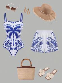 Swim Oasis 2026 New Plus Size Blue & White Tropical Coconut Tree Toucan Print Wide Adjustable Shoulder Strap Waist-Defining Semi-Covering Hip Design Paired With High-Waist Mesh Pants Mesh Tummy Control Slimming Casual Daily Beach Vacation Women's One-Piece Swimsuit Set - Blue and White - View 1