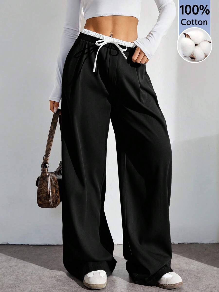 SHEIN Tall 女款時尚百搭口袋抽繩腰拼色休閒寬鬆長褲,適合高個女性 - 黑色 - 查看 1