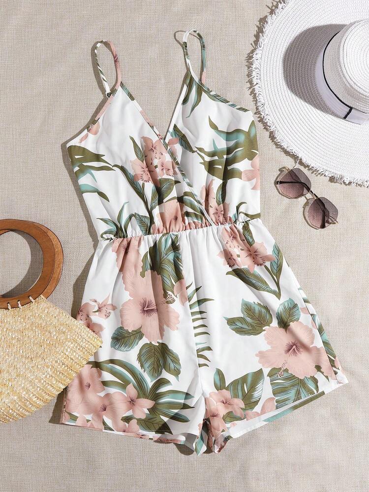 SHEIN VCAY Surplice Neck Floral Cami One Piece Summer Romper