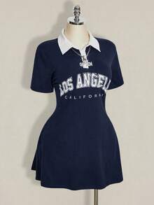 SHEIN ICON 女款大尺碼 POLO 領黑白對比迷你洋裝 - 藏蓝色 - 查看 10