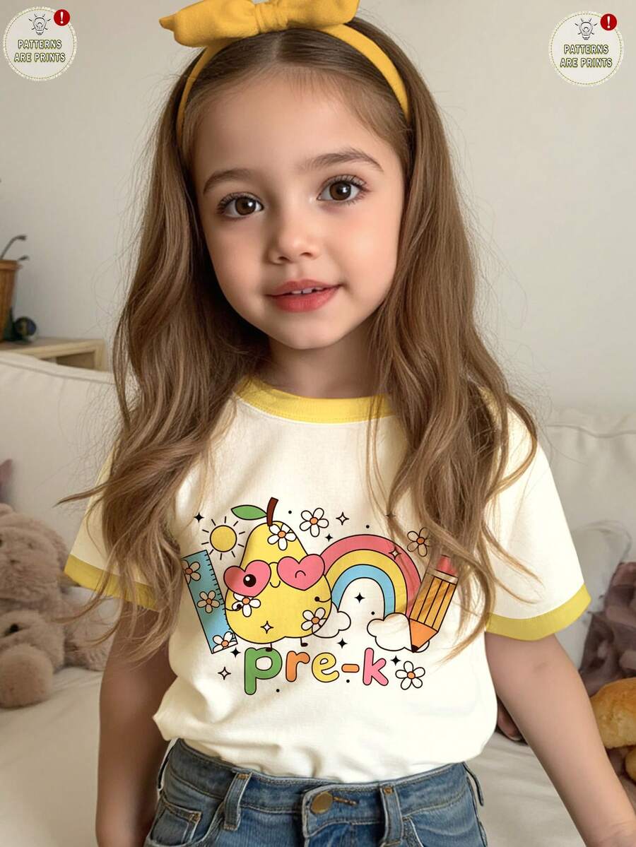 返校季,幼女休閒極簡可愛卡通文具圖案,PRE-K,蛋黃色,圓領短袖T恤適合夏季開學,圖案,日系可愛,舒適,可愛上衣,春季/夏季 - 彩色 - 查看 1