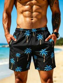 Surfspeed Summer Men's Palm Tree Print Drawstring Waist Beach Shorts Holiday / Vacation / Beach / Hawaii / Tropical / Swim /  Bathing - Black - View 6
