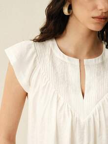 Breezaya Blusa da donna in misto lino e finta seta bianca, stile bohémien francese, vestibilità ampia e snellente, scollo a V, casual per uso quotidiano, top estivo a righe con pieghe e scollo a V per vacanze, abbigliamento estivo, per pendolarismo, blusa elegante - Bianco - Visualizzare 4
