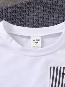 SHEIN Explorewe 2件套男童学院风刺绣铅笔裤和条纹休闲短裤，夏季百搭，适合上学、日常外出、度假、旅行、休闲、日光浴等场合。 - 白色 - 查看 3