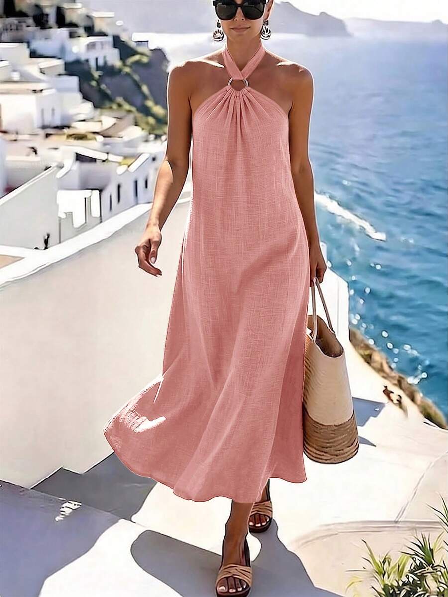 SHEIN Holidaya 女款優雅熱帶掛脖海灘度假洋裝,灰粉色修身A字裙,無袖地中海風,夏季 - 粉色 - 查看 1