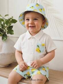 Cozy Pixies Conjunto de camisa de verano de manga corta con botones delanteros y estampado de limones para niños pequeños - Blanco - Ver 7