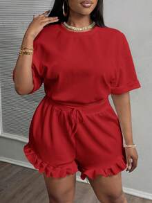 Slaydiva 2pcs/Set Plus Size Women Casual Cowboy Sports Basic Plain Red Short Sleeve T-Shirt And Pleat Hem Shorts Brunch Office Work Summer - Red - View 4