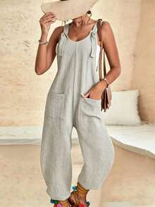 EMERY ROSE Solid Color Sleeveless U-Neck With Pocket Loose Summer Casual Jumpsuit - Light Grey - View 4