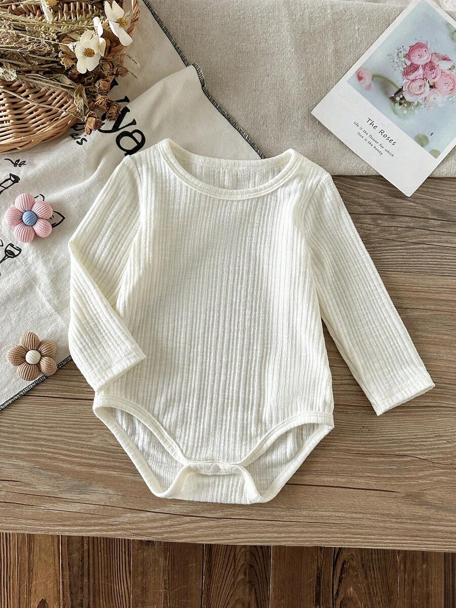 SHEIN 1件女嬰時尚休閒純色柔軟提花面料圓領長袖連身衣底層，春/秋季日常穿著家庭套裝媽媽與我 (4件單獨販售) - 米色 - 查看 1